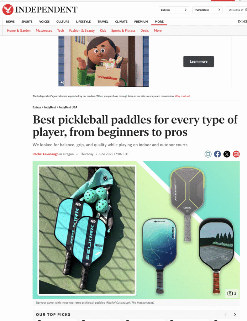 An image of Rachel Cavanaugh's article in The Independent's Indy Best titled "The best pickleball paddles for every type of player."